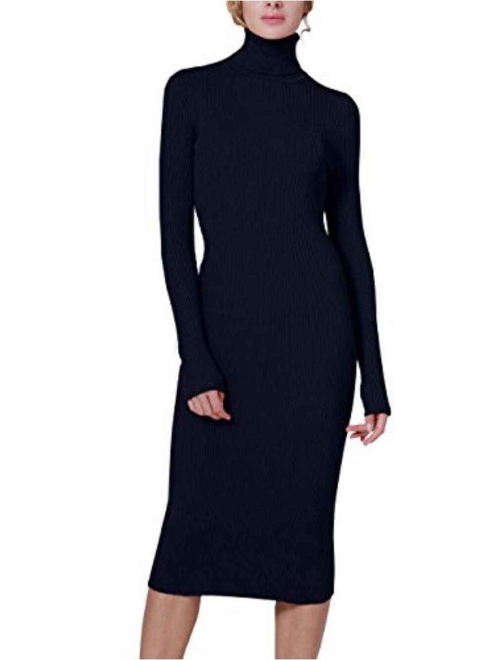 Turtleneck Ribbed Elbow Sleeve Knit Midi Sweater Dress Slim Fit